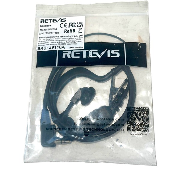 Retevis 2-Pin Ear hook Earpiece EEK004 W/ Collar Clip & PTT Button Black - Picture 1 of 4